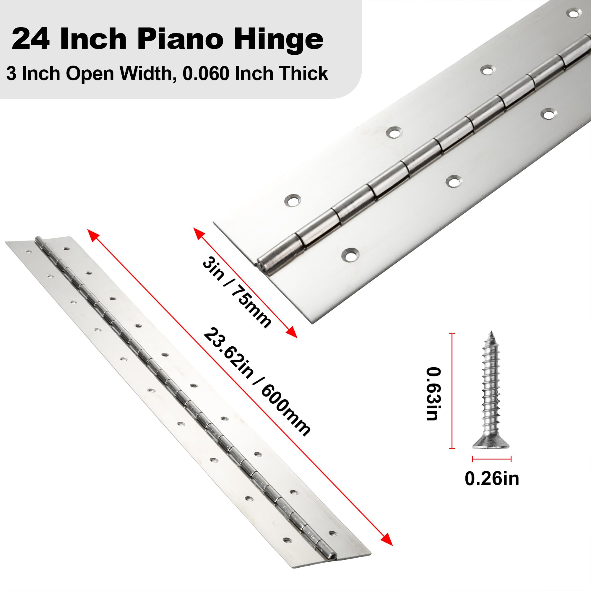 2 Pcs Heavy Duty Piano Hinge 8 Inch x 3 Inch Width, True 0.060'' Thick Stainless Steel Piano Hinge for Heavy Duty Cabinet, Door, Toolbox, Wooden Box, Metal Plate, Furniture, Industrial Project