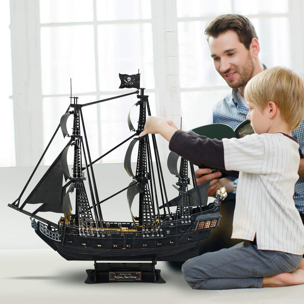 CubicFun 3D Puzzles for Adults - Led Pirate Ship Queen Anne's Revenge - Large 27'' Sailboat Puzzles - Desk Decor, Anniversary Teacher Appreciation Gifts High School Graduation Gifts