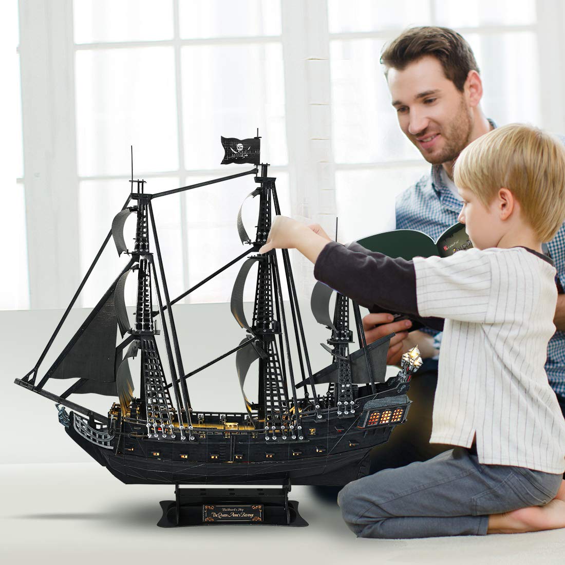 CubicFun 3D Puzzles for Adults - Led Pirate Ship Queen Anne's Revenge - Large 27'' Sailboat Puzzles - Desk Decor, Anniversary Teacher Appreciation Gifts High School Graduation Gifts