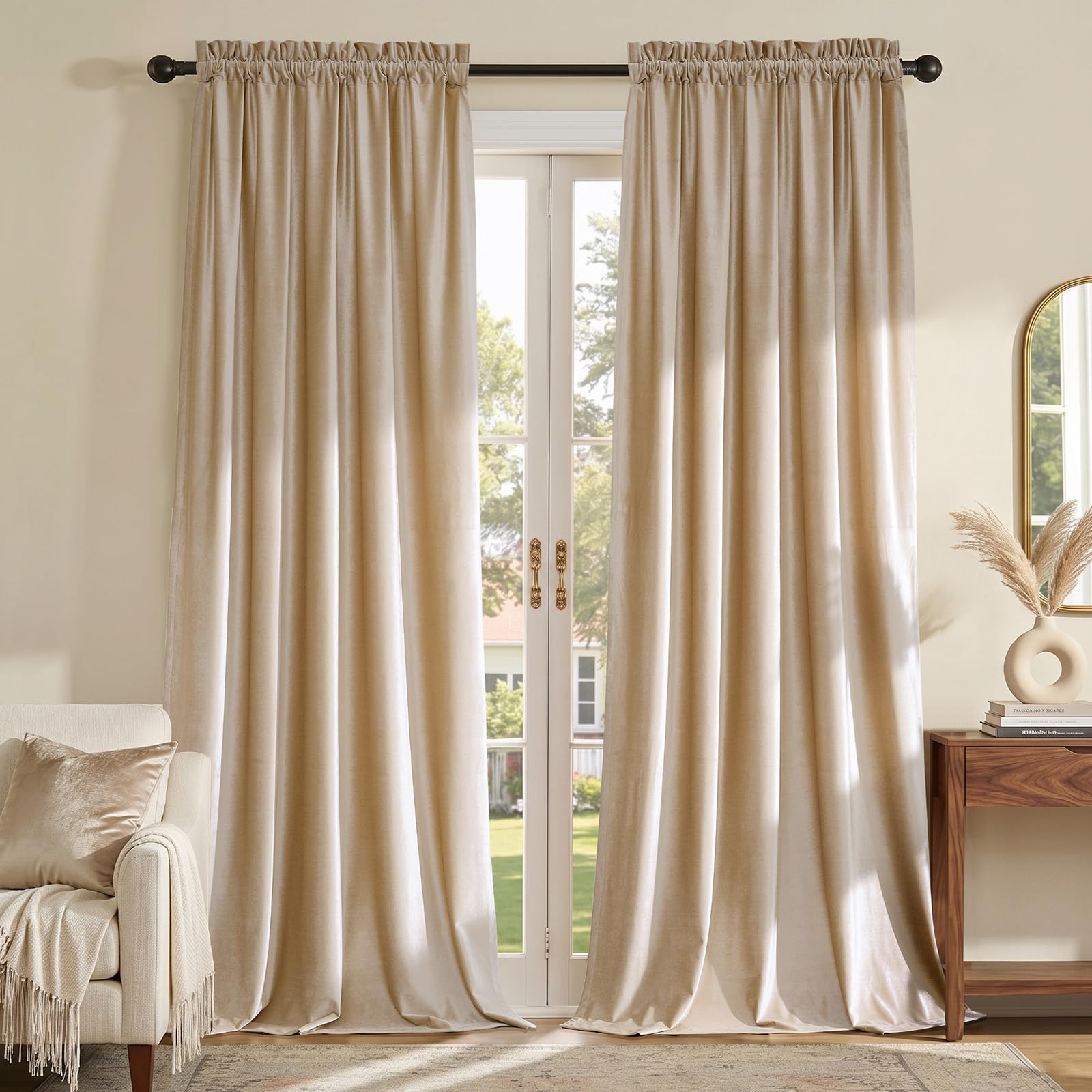 Champagne Beige Velvet Curtains 63 inches for Living Room Luxury Room Darkening Curtain Elegant Bedroom Thermal Insulated Modern Heavy Thick Soft Soundproof Rod Pocket Window Drapes Set of 2 Panels