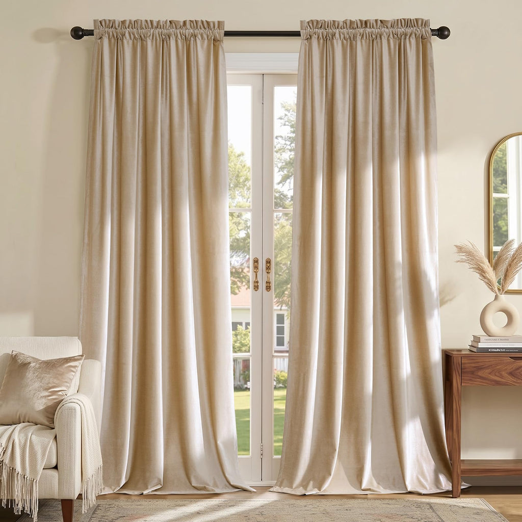 Champagne Beige Velvet Curtains 63 inches for Living Room Luxury Room Darkening Curtain Elegant Bedroom Thermal Insulated Modern Heavy Thick Soft Soundproof Rod Pocket Window Drapes Set of 2 Panels
