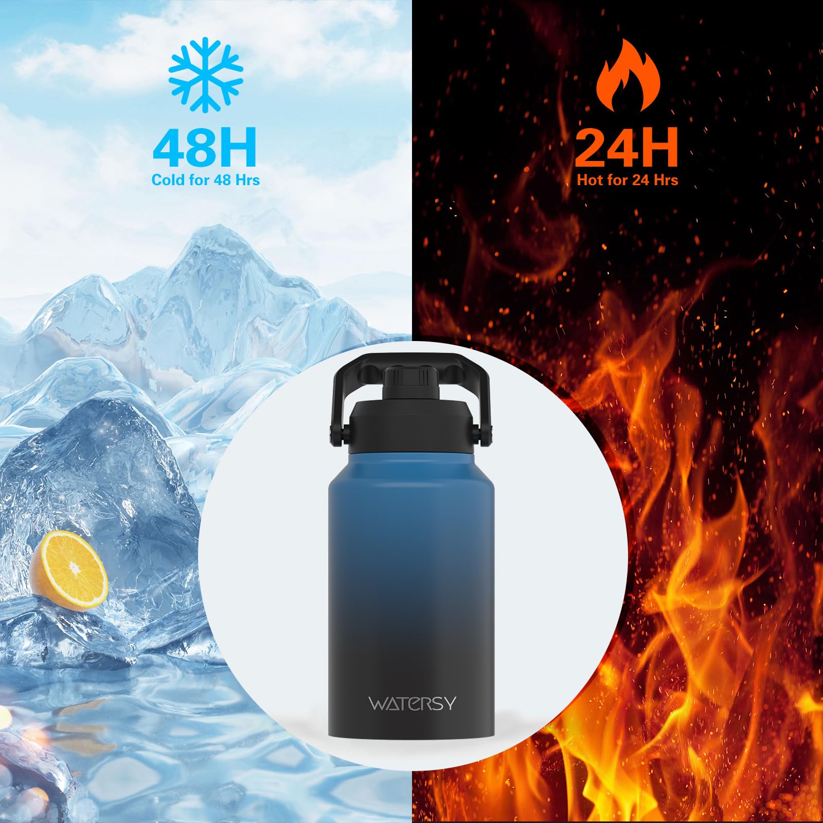 WATERSY Half Gallon Water Bottle Insulated(Cold for 48 Hrs),BPA Free&Leak Proof,64oz Stainless Steel Water Jug/Flask,Big thermo,Large Water Bottle with Handle for Gym,Hiking,Camping,Black