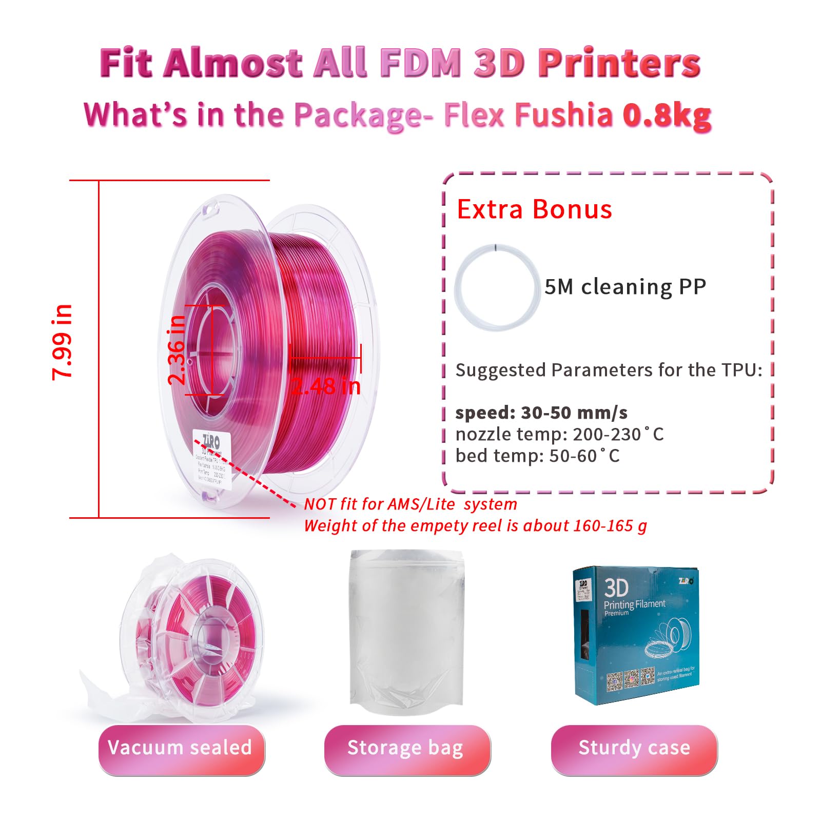 ZIRO TPU Filament 1.75mm 3D Printer Filament, Shore 95A Hardness TPU, Flexible Soft Material, 0.8KG/1.8lbs Spool, Fit Most FDM 3D Printers, Black