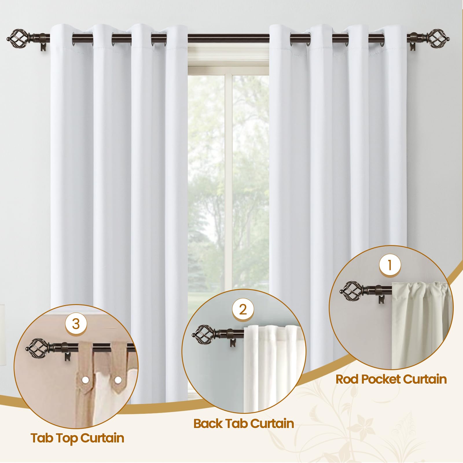 KAMANINA Silver Curtain Rod 32 to 58 Inch(2.6-4.8ft), Adjustable Curtain Rods for Windows 28 to 48 Inch, 3/4 Inch Splicing Drapery Rods with Twisted Cage Finial