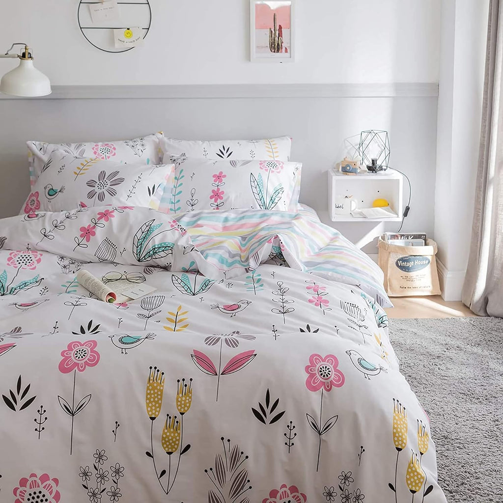 Pink Flower Duvet Cover Twin Chic Floral Print Ruffle Duvet Cover Cotton Lace Comforter Cover Country Style Floral Bedding Set Romantic Ruffle Comforter Cover Flower Bedding Cover with 2 Pillowcases