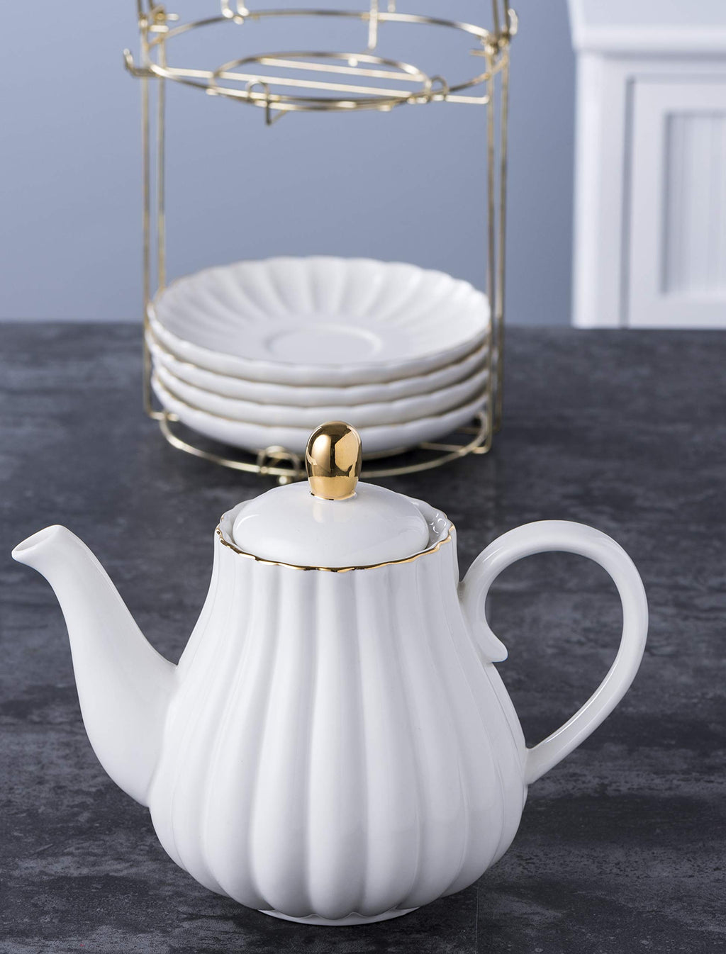 Jusalpha Serve for 6- Fine China Pink Coffee Cup/Teacup Set, 8 OZ Cups& Saucer, with Teapot-Sugar Bowl-Cream Pitcher Teaspoons and tea strainer for Tea/Coffee (Lavender, Serve of 6)