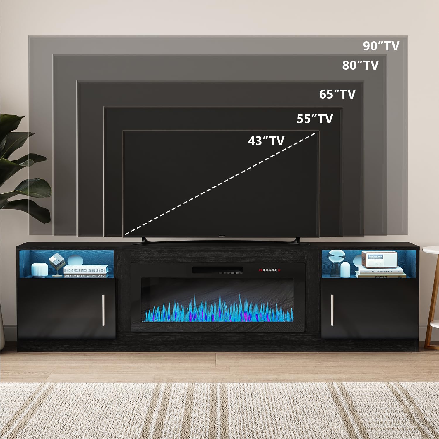 VITESSE 58 Inches Fireplace TV Stand for TVs up to 65 Inches Console with 18'' Electric Fireplace & Remote,Wooden Modern Entertainment Center for Living Room with LED Light Glass Shelves（Bei）