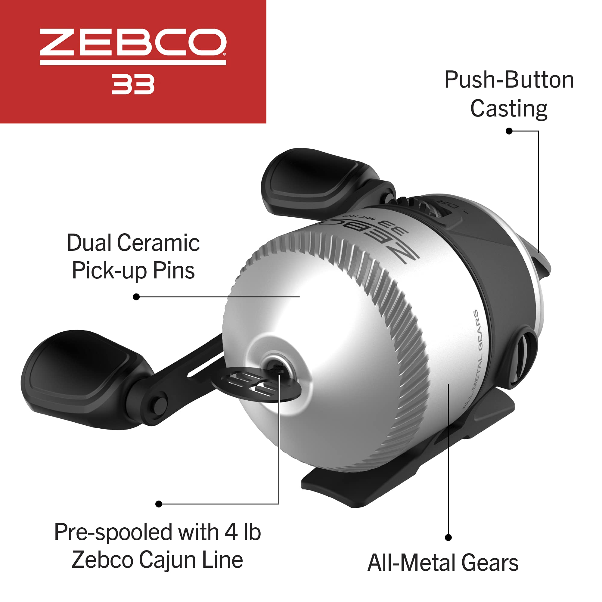 Zebco 33 Spincast Fishing Reel, Changeable Right or Left-Hand Retrieve, Built-in Bite Alert, All-Metal Gears, Pre-Spooled with Zebco Cajun Line