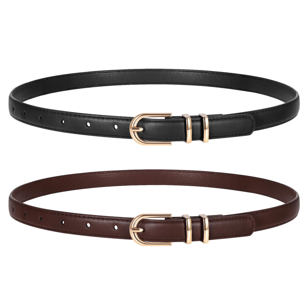 TRIWORKS 2 Pack Women Skinny Leather Belts for Jeans Pants Thin Faux Leather Belt with Gold Buckle