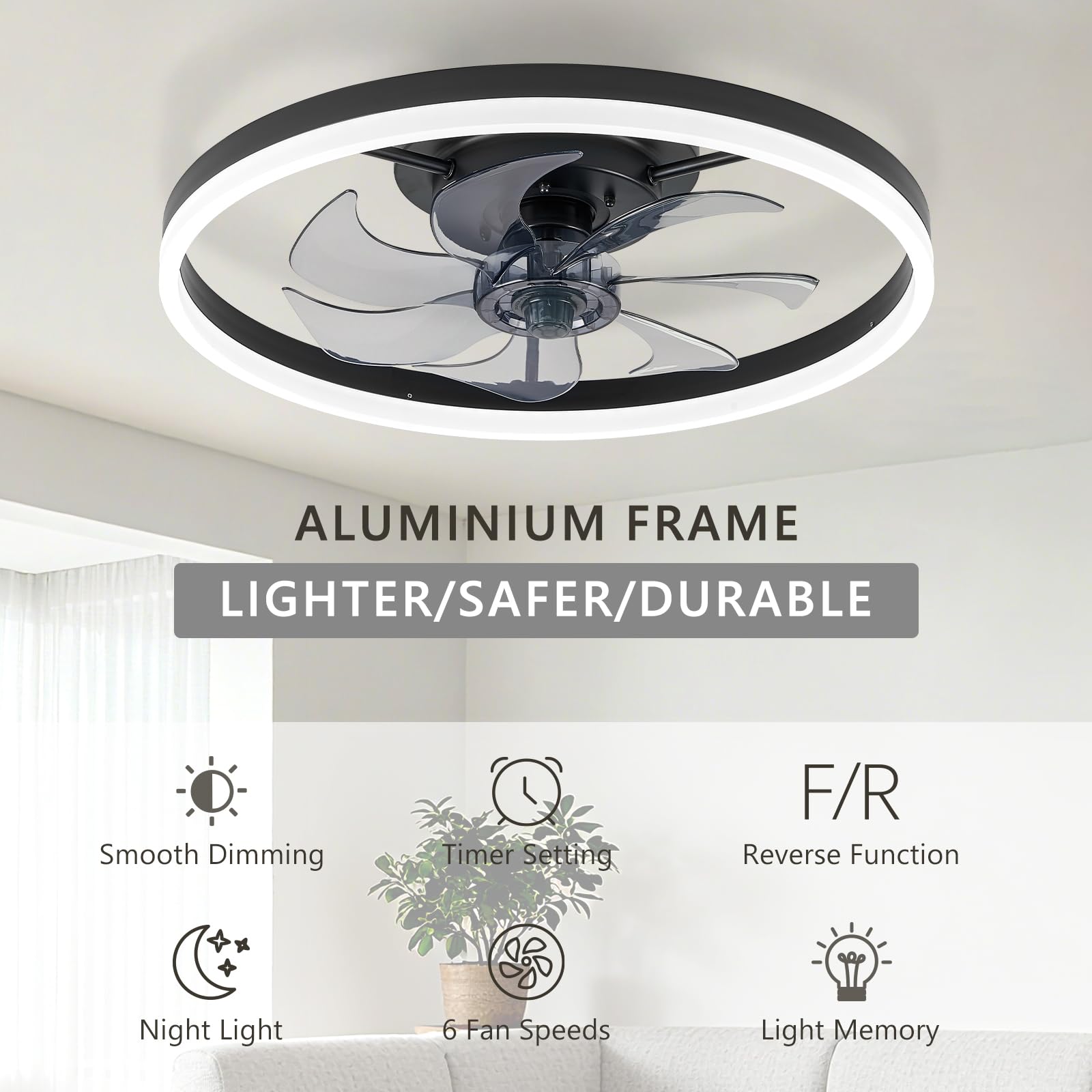 16 Inch RGB Low Profile Ceiling Fans with Lights, Modern Flush Mount Fandelier Chandelier Fixture, Remote & APP Control, Black LED Ceiling Fan Light for Bedroom, Living Room, Kitchen Indoor