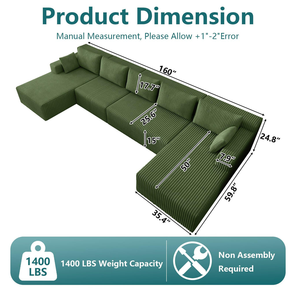 Lakifun 107" L-Shape Sofa with Ottoman, Modern Modular Sectional Comfy U-Shape Cloud Couch, Deep Seat, Upholstered Corduroy Sleeper Chaise Longue for Living Room Bedroom, No Assembly Required, Black