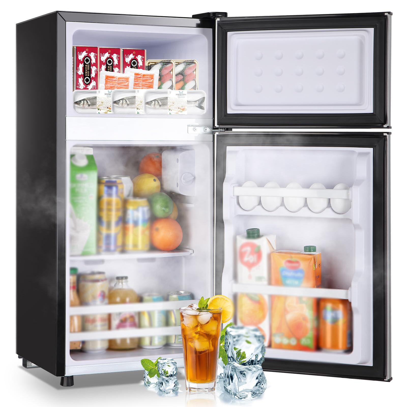 DEMULLER Mini Fridge with Double Doors Small Refrigerator with Separate Freezer & 7 Adjustable Temperature Control, Tiny Size & Personal Fridge Ideal for Office Apartment Dorm Black