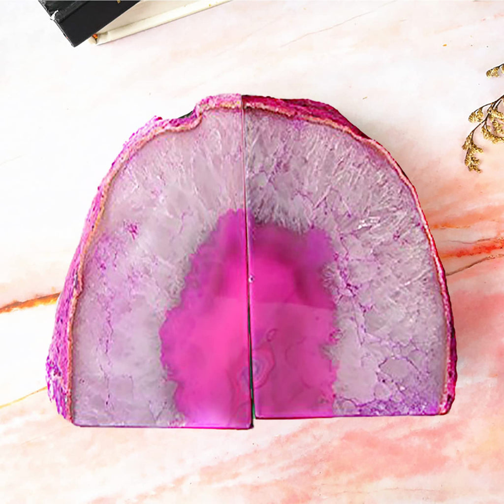 JIC Gem Black Agate Geode Bookends 2-3 Lbs Anti-Slip Rubber Pads Heavy Duty | 1Pair Natural Black Agate Crystal Decor for Shelves & Desk, Unique Small Stone Book Holder Gift for Office & Home Decoration