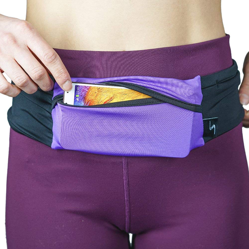 3 Pocket Adjustable Running Belt Waist Pack, Fanny Pack For Working Out With Sweat Resistant Backing, Holds All iPhone Models (Black/Black, X-Small)