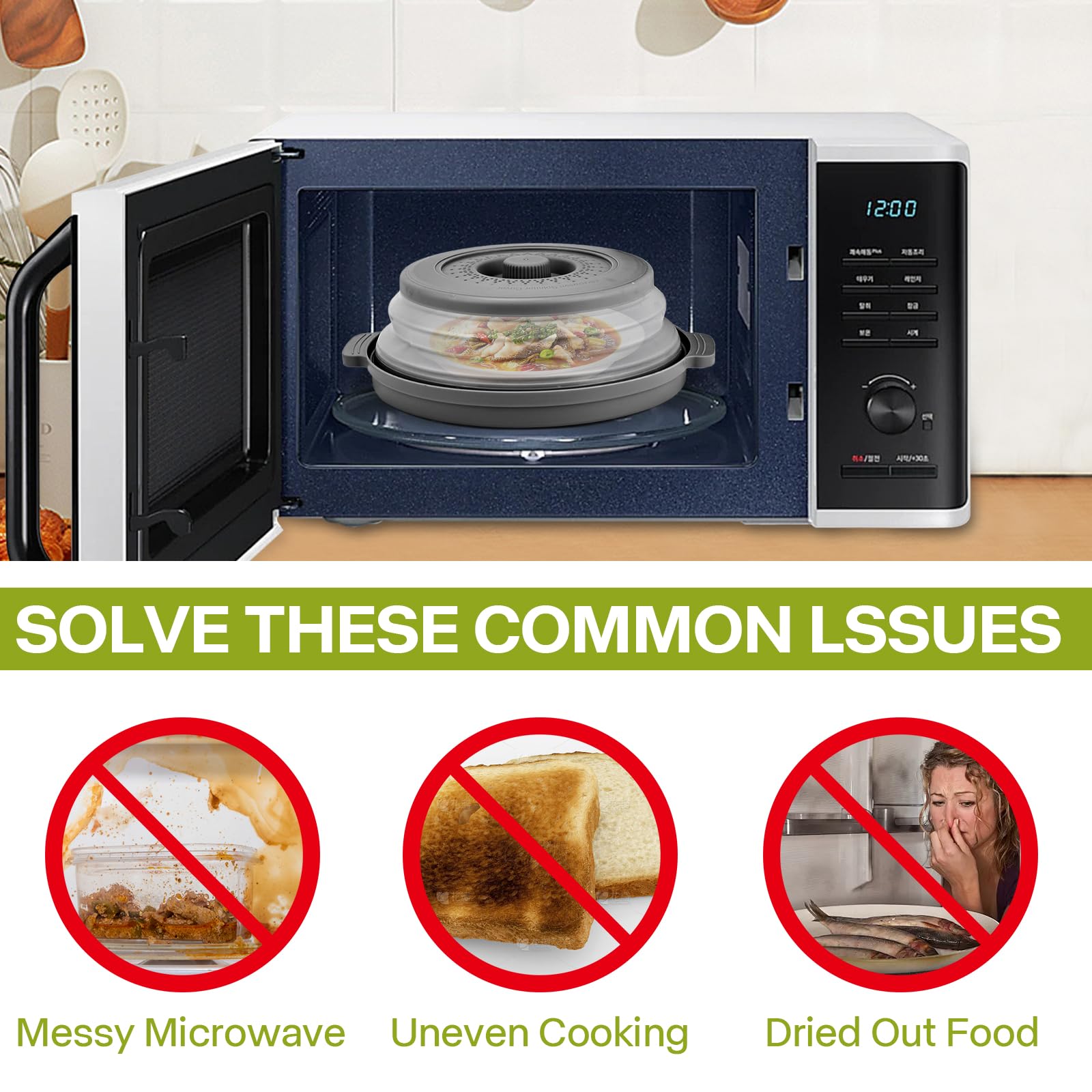 Microwave Splatter Cover for Food with Anti-scald Base Plate,Large Plastic & Silicone Vented Avoid Scalding Collapsible Guard Lid, Plate Holder & Kitchen Colander for Meal Prep-10.7 Inch (2 Pcs BRed)
