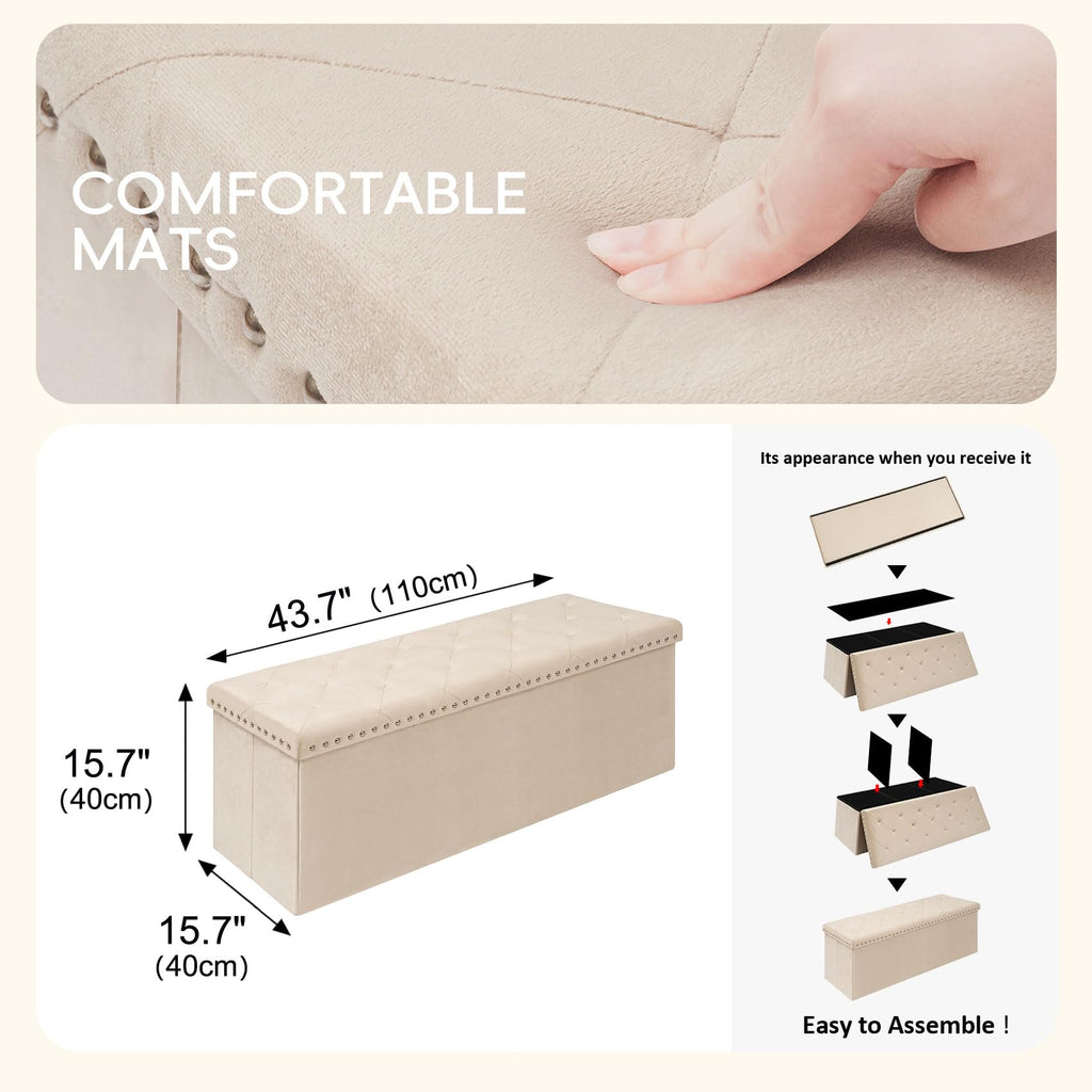 PINPLUS Folding Storage Ottoman Bench, Folding Velvet Tuffed Foot Rest Stool with Rivet, End of Bed Bench Large Long Shoes Chest for Bedroom Entryway Living Room, Beige, 41.3 Inches