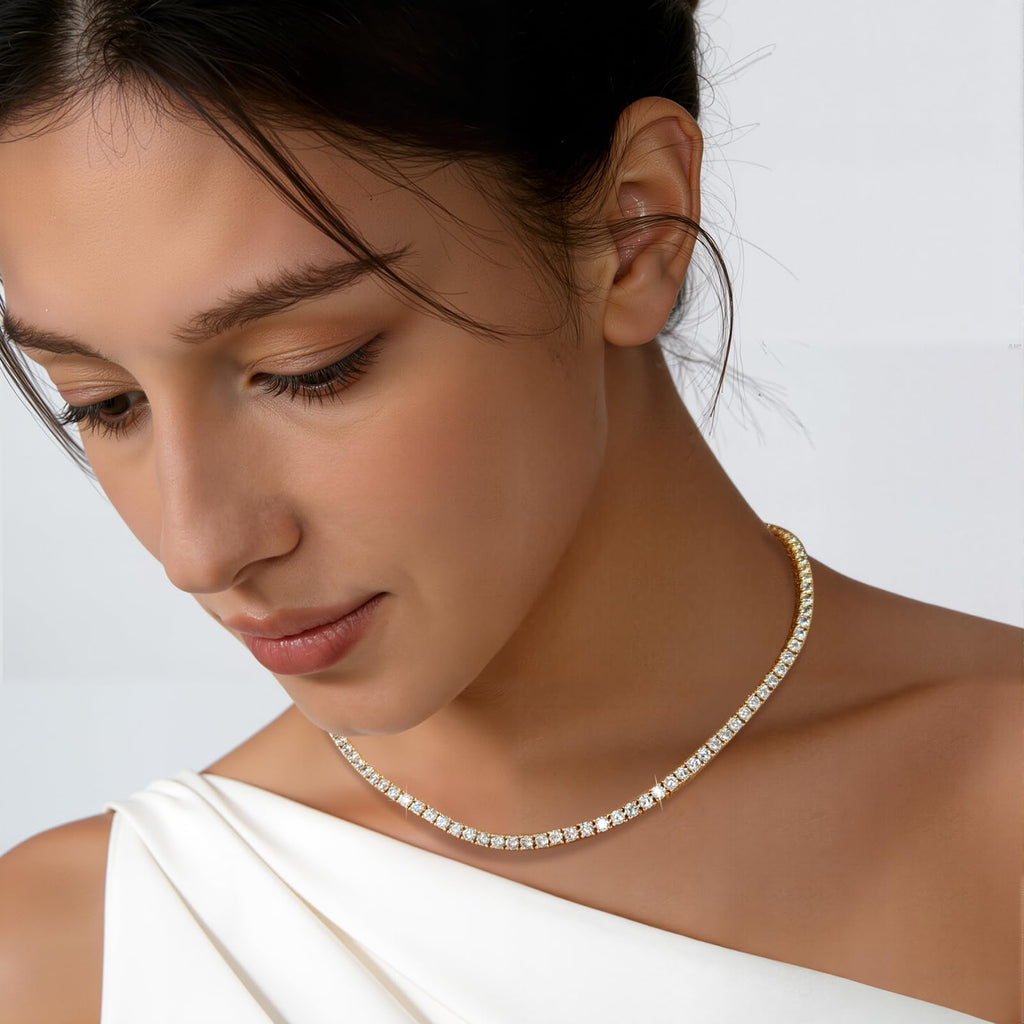 Gemsme 18K White/Yellow Gold Plated 3.0mm Round Cubic Zirconia Classic Tennis Necklace For Women 16-24 Inches