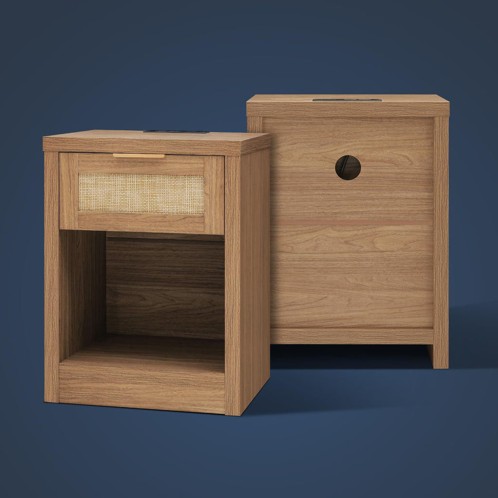 OAKHAM HOME Nightstand Set of 2 Farmhouse Bedside Tables with Drawer and Storage Shelf Modern Boho End Side Tables for Bedroom Sofa, Light Oak