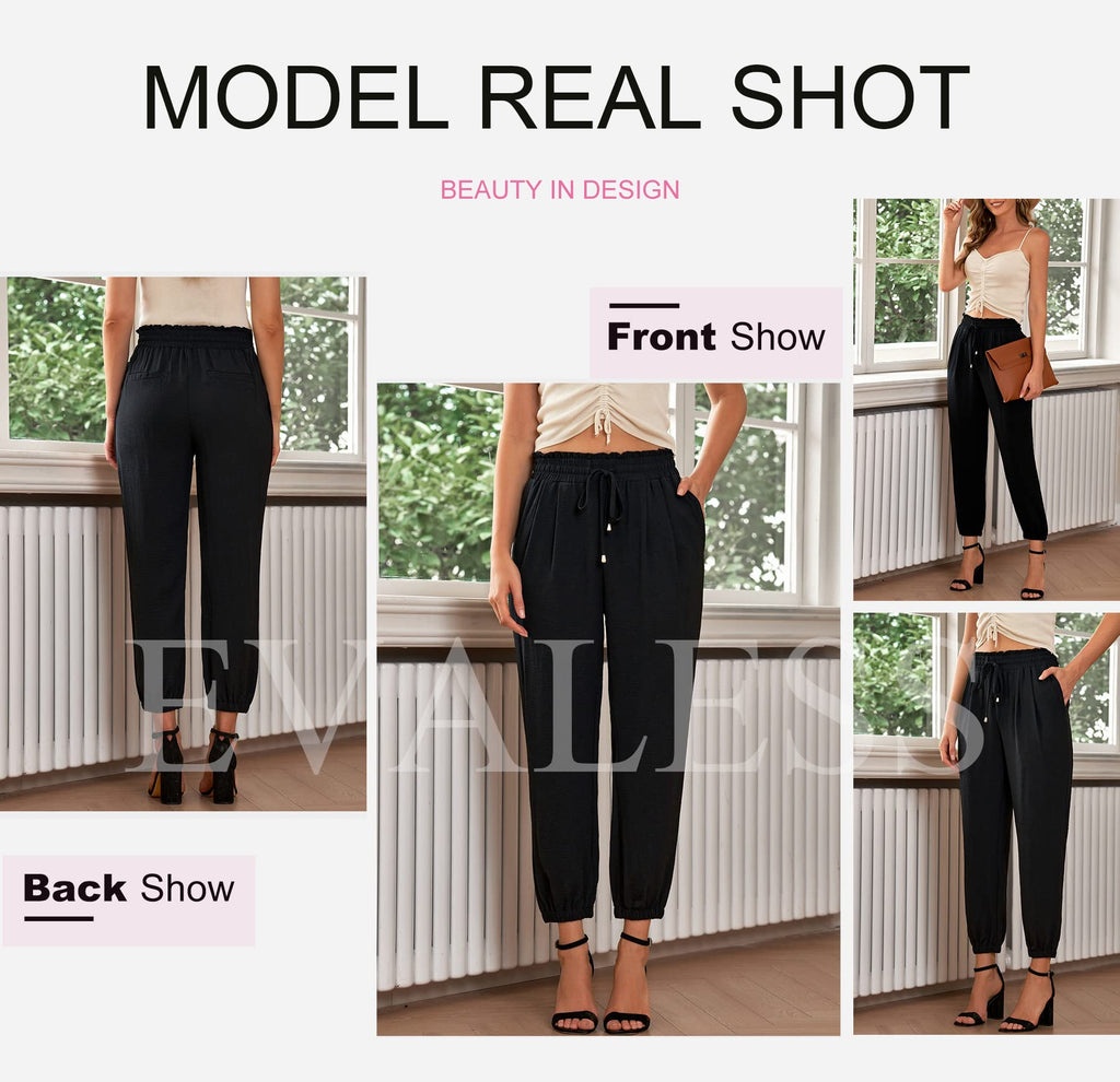 EVALESS Womens 2026 Summer Casual Pants Drawstring Elastic High Waisted Work Trousers Joggers Trendy Harem Pants with Pockets