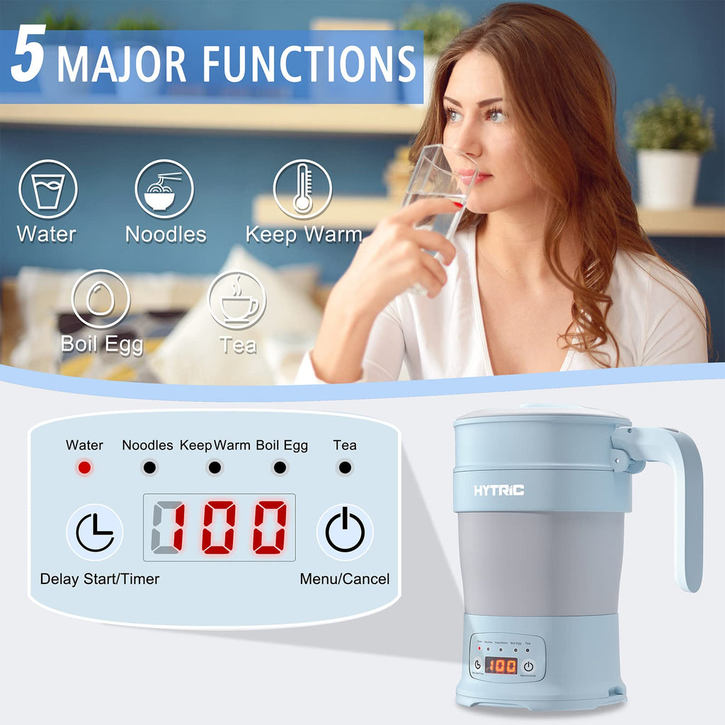 HYTRIC Travel Electric Kettle, 700ML Foldable Small Electric Kettle BPA-Free, Portable Kettle with Multifunctional Panel, Collapsible Hot Water Kettle with Keep Warm & Delay Start, 110V Black
