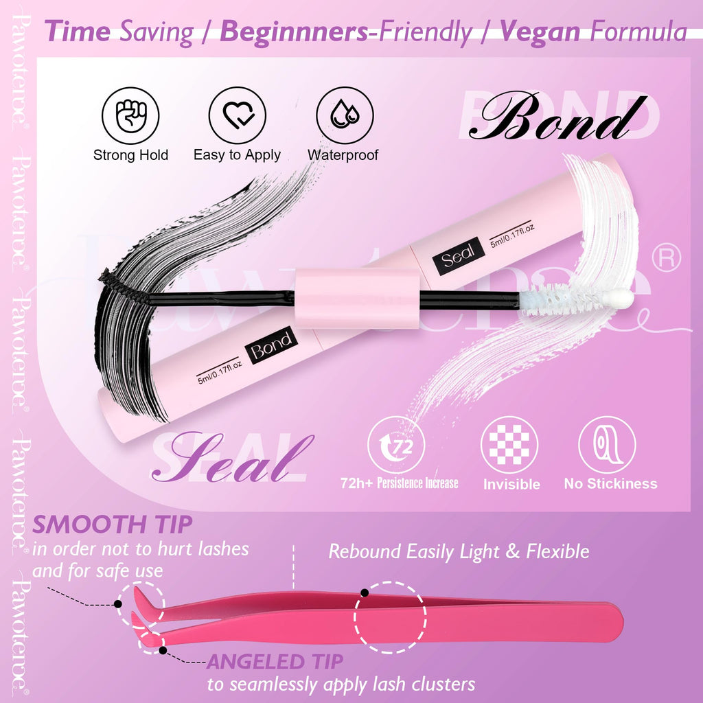 Pawotence Lash Extension Kit DIY 280pcs Individual Lash Clusters Kit 20D&30D Natural 9-15mm Cluster Eyelash Extensions Kit with Lash Bond and Seal, Tweezers for Self Use (20D&30D, 0.07D, 9-15mm, Kit)