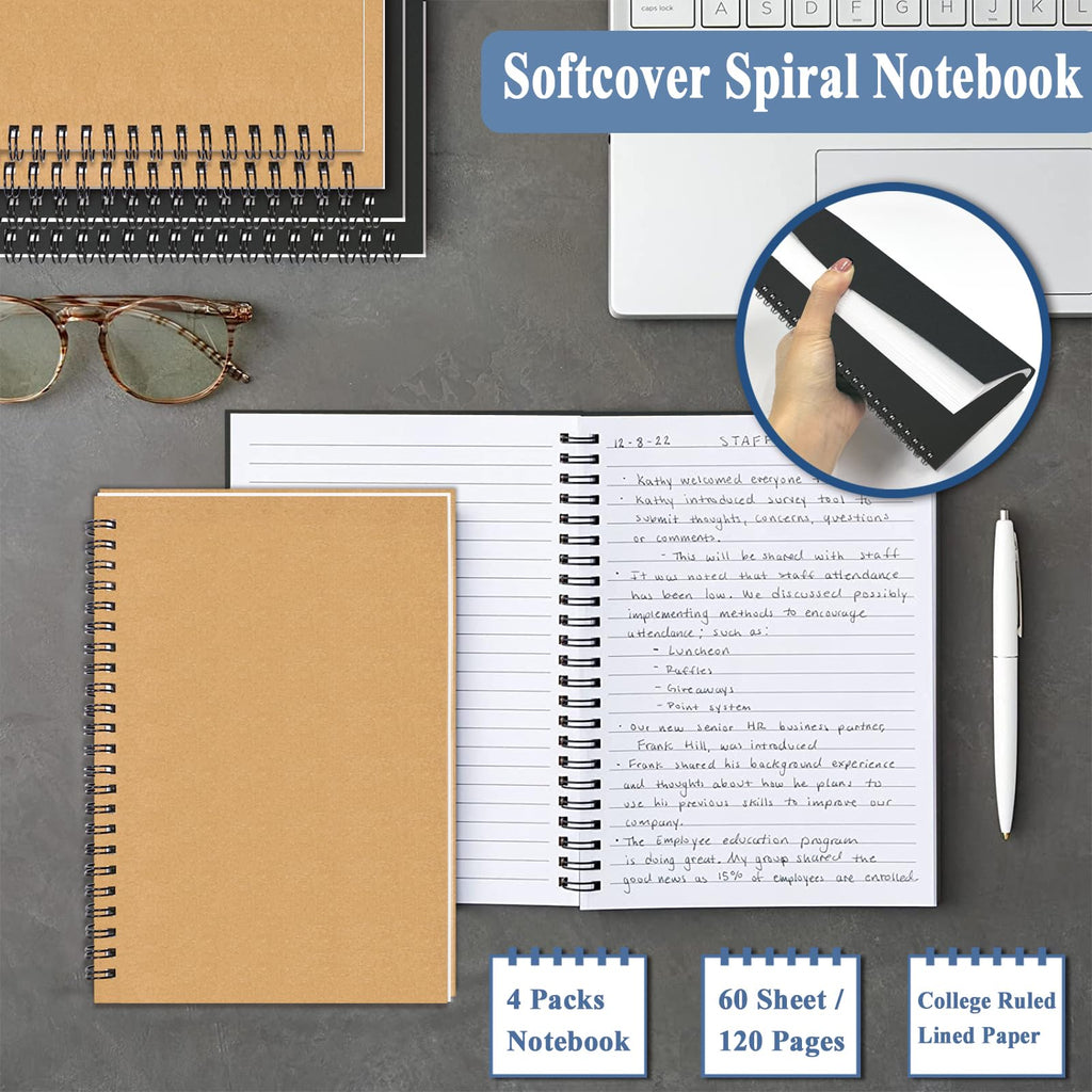 4Pack Small Spiral Notebook A5, 8.25x5.5” 120 Lined Pages Black & Red Wide Ruled Spiral Journal Bulk Blank Kraft Cover Spiral Bound Notebook & Writing Pads for Home Office Meeting Work Note Taking