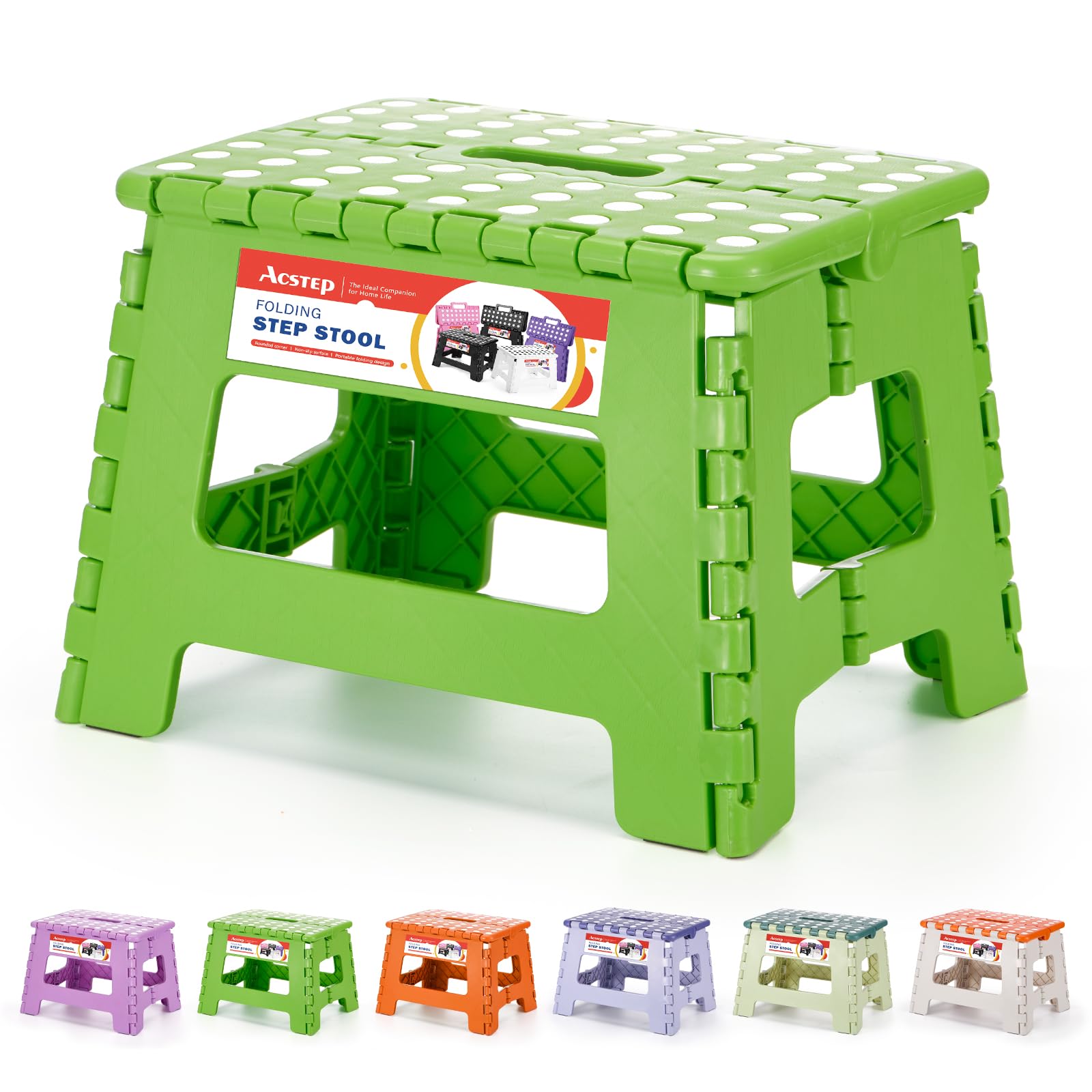 ACSTEP 9 Inch Folding Step Stool 300 LB Capacity Plastic Foldable Step Stools for Kids and Adults, Folding Stool Suitable for Kitchen, Stepping Stool with Handle Bicolor Green Small Step Stool 1PC