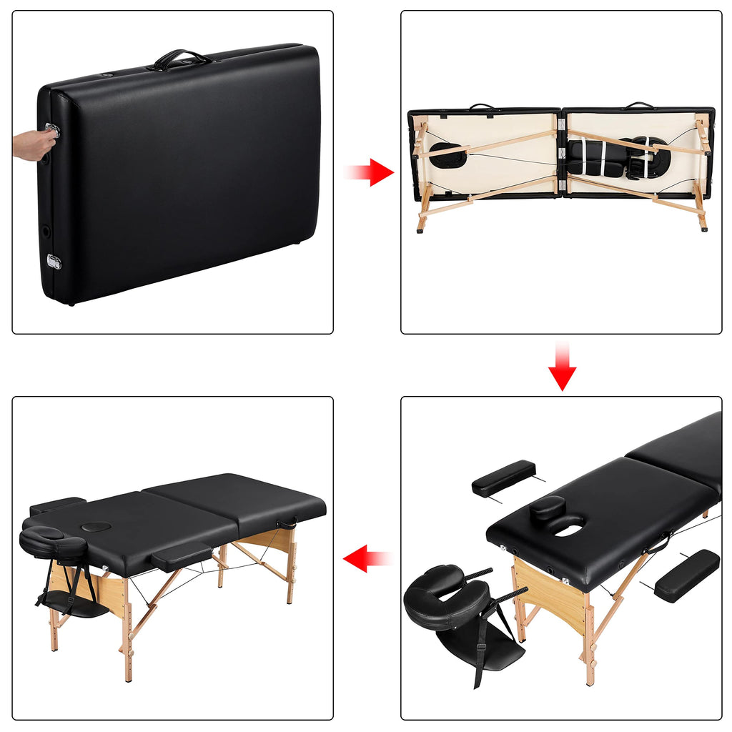 Yaheetech Massage Table Portable Lash Beds Spa Bed Massage Couch Foldable Spa Tables Adjustable 2 Fold with Non-Woven Bag 24 inch, Black
