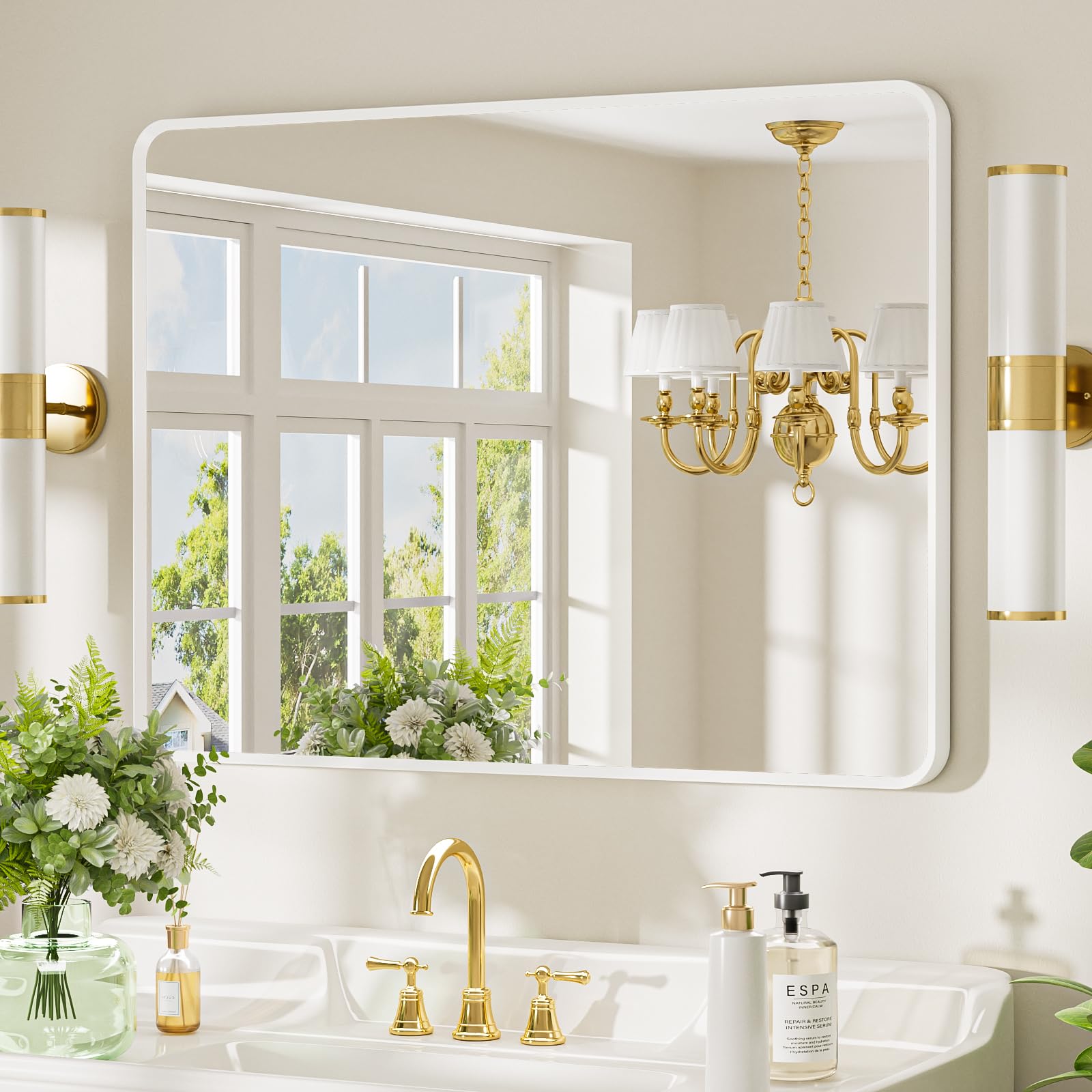 22x30 inch Gold Bathroom Mirror,Rounded Rectangle Gold Metal Framed, HD Tempered Glass, Horizontal or Vertical Hanging, Modern Bathroom Decor