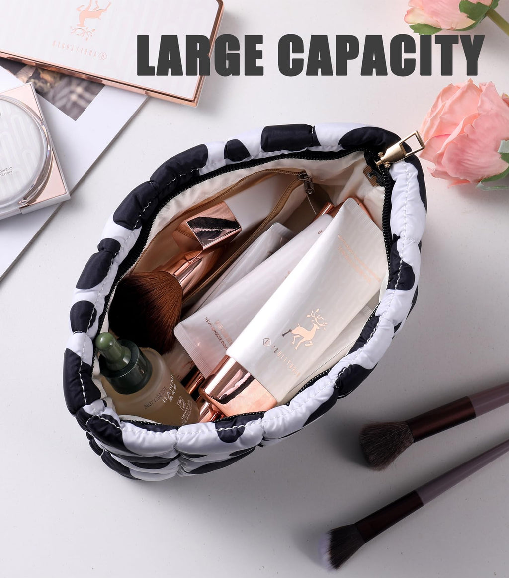 Puffy Quilted Makeup Bag for Women, Cosmetic Bag, Travel Toiletry Organizer Pouch Clutch (Black Flowers)