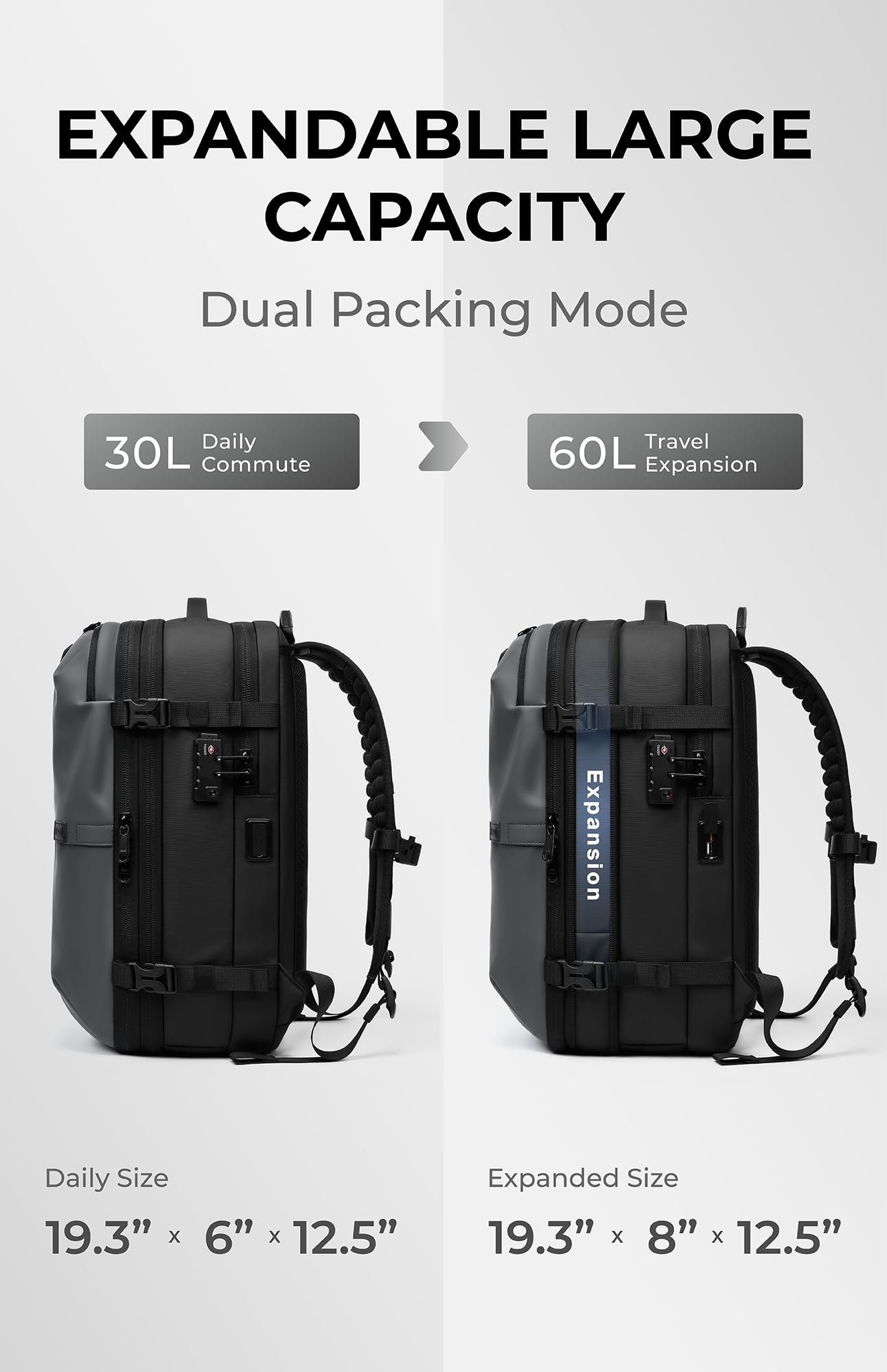 AirVault Vacuum Seal Travel Backpack 60L with Expandable HyperSeal Air Compression Vacuum System Water Resistant TSA Lock (Vacuum Pump Included, Black, 60L)