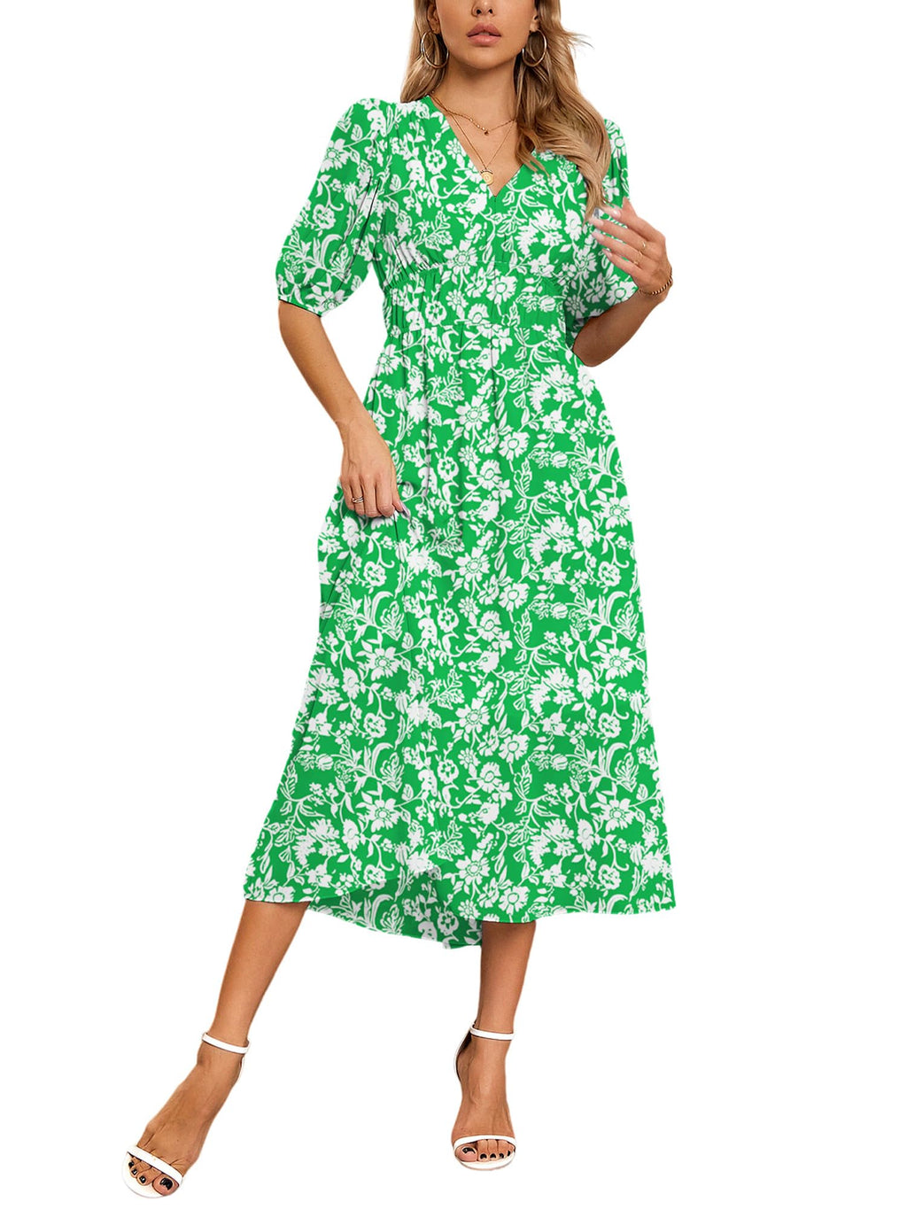UEAL Womens Floral Flowy Wrap V Neck Midi Dress Short Sleeve Elastic Waist Casual Spring Summer Dresses for Women 2025