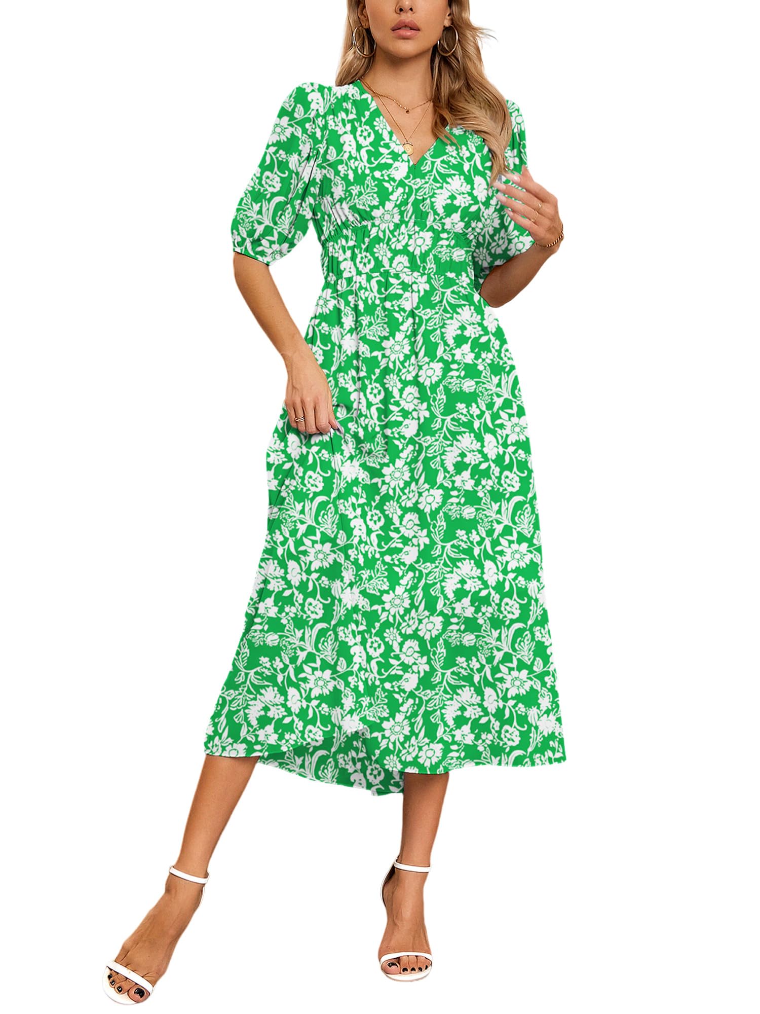 UEAL Womens Floral Flowy Wrap V Neck Midi Dress Short Sleeve Elastic Waist Casual Spring Summer Dresses for Women 2025