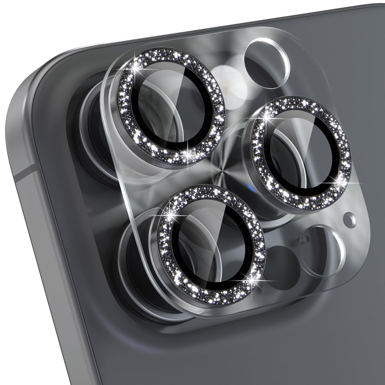 Choiche Compatible for iPhone 16 Pro/iPhone 16 Pro Max Camera Lens Protector, Bling Camera Cover with 9H Tempered Glass Lens Screen Protector Metal Ring Decoration Accessories(Black)