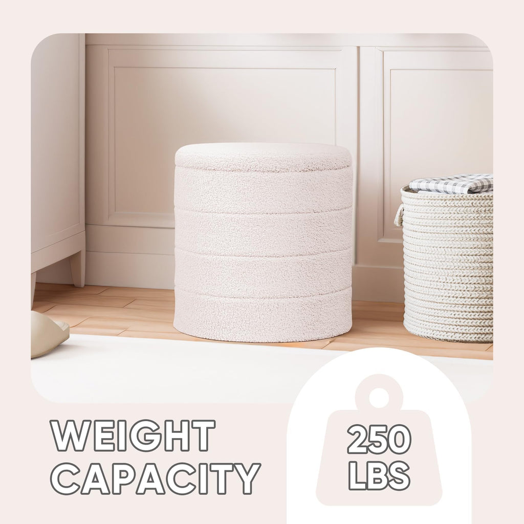 PINPLUS Round Storage Ottoman Foot Rest Stool with Tray Velvet Sherpa Folding Storage Ottoman,Boucle Foot Rest for Living Room, Bedroom, Dorm（Beige）