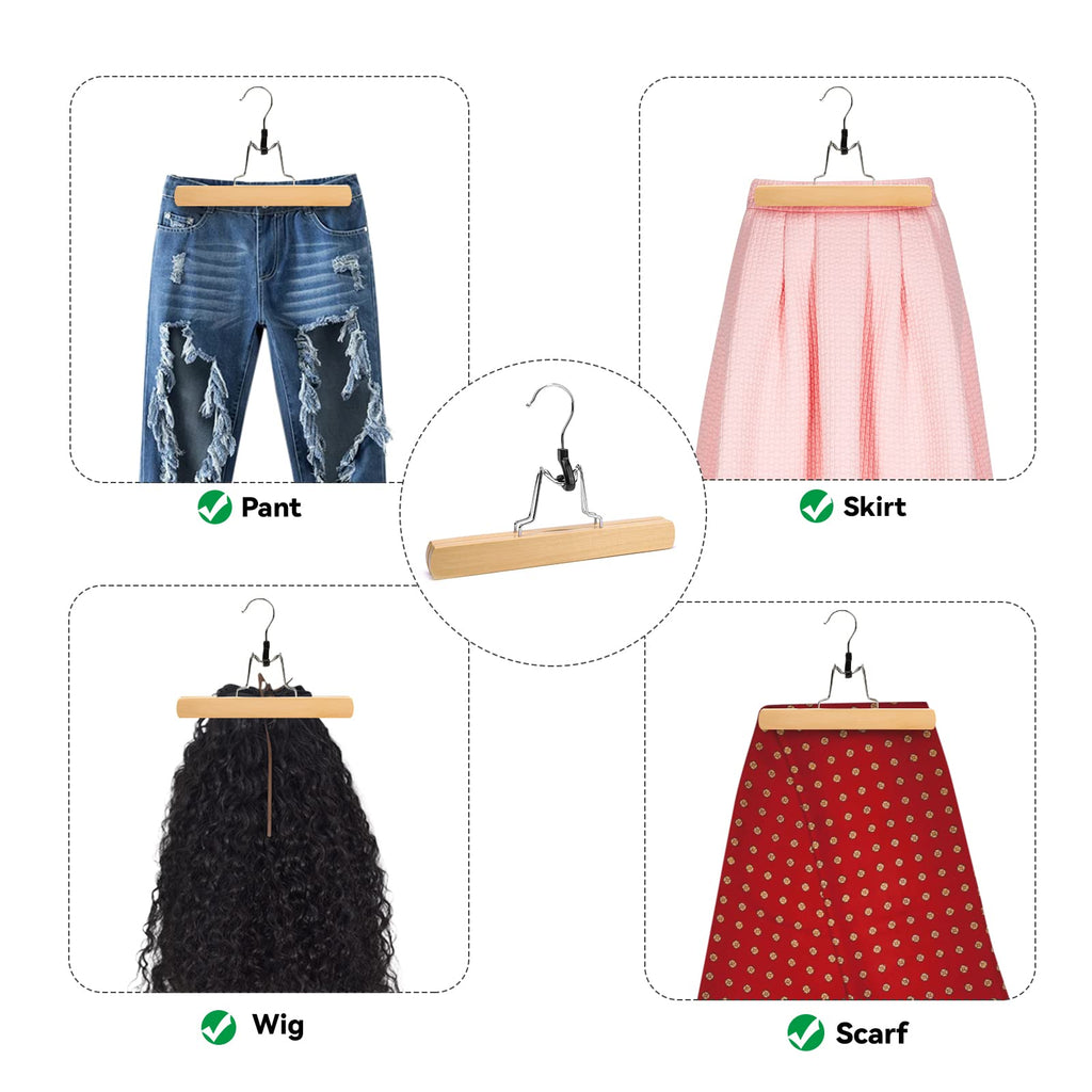 Nature Smile Wooden Pants Skirt Hangers, Smooth Finish Solid Wood Non Slip Jeans Slack Clamp Hangers Hair Extension Hangers (10 Pack Cherry)…