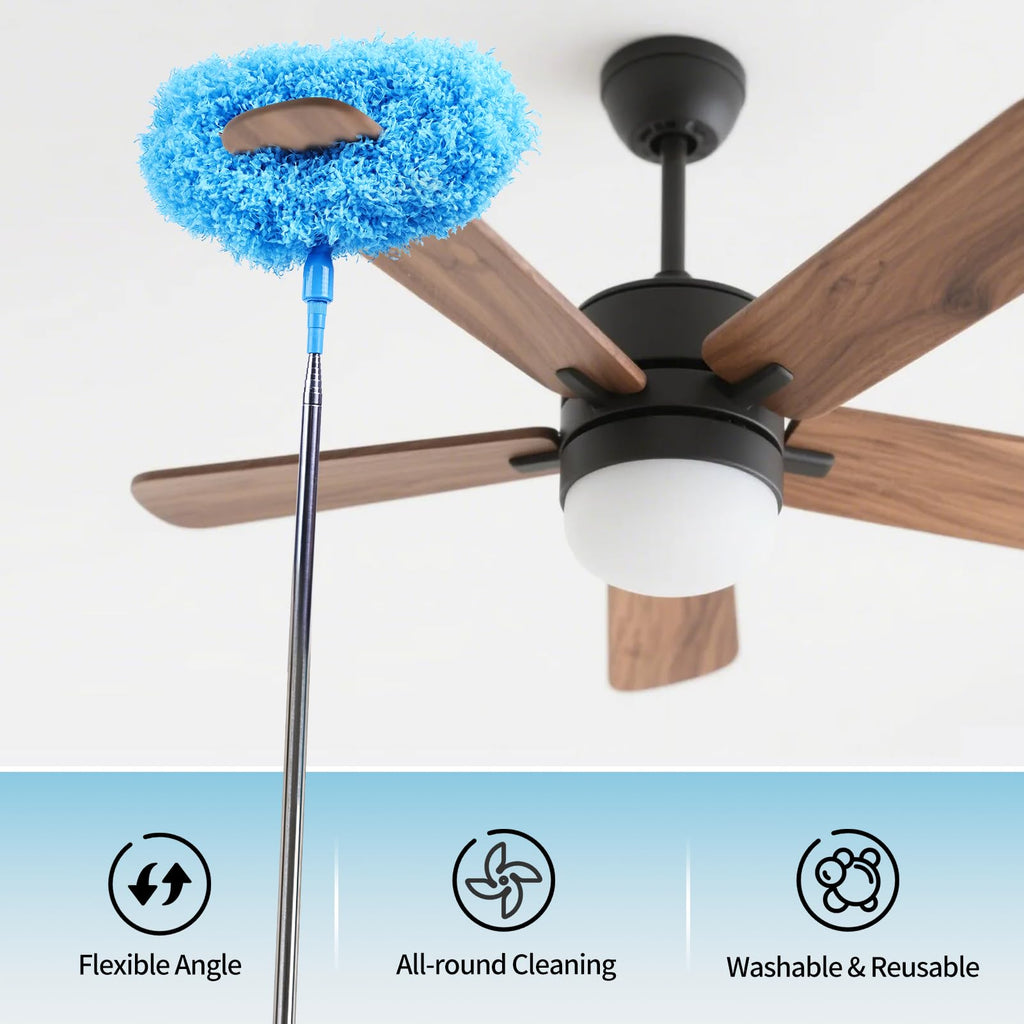 Ceiling Fan Cleaner Duster Reusable Microfiber Removable Duster with Extension Pole Adjusts 12 to 71 Inch for Cleaning Walls Bookshelves Furniture Door Window Top (Blue)