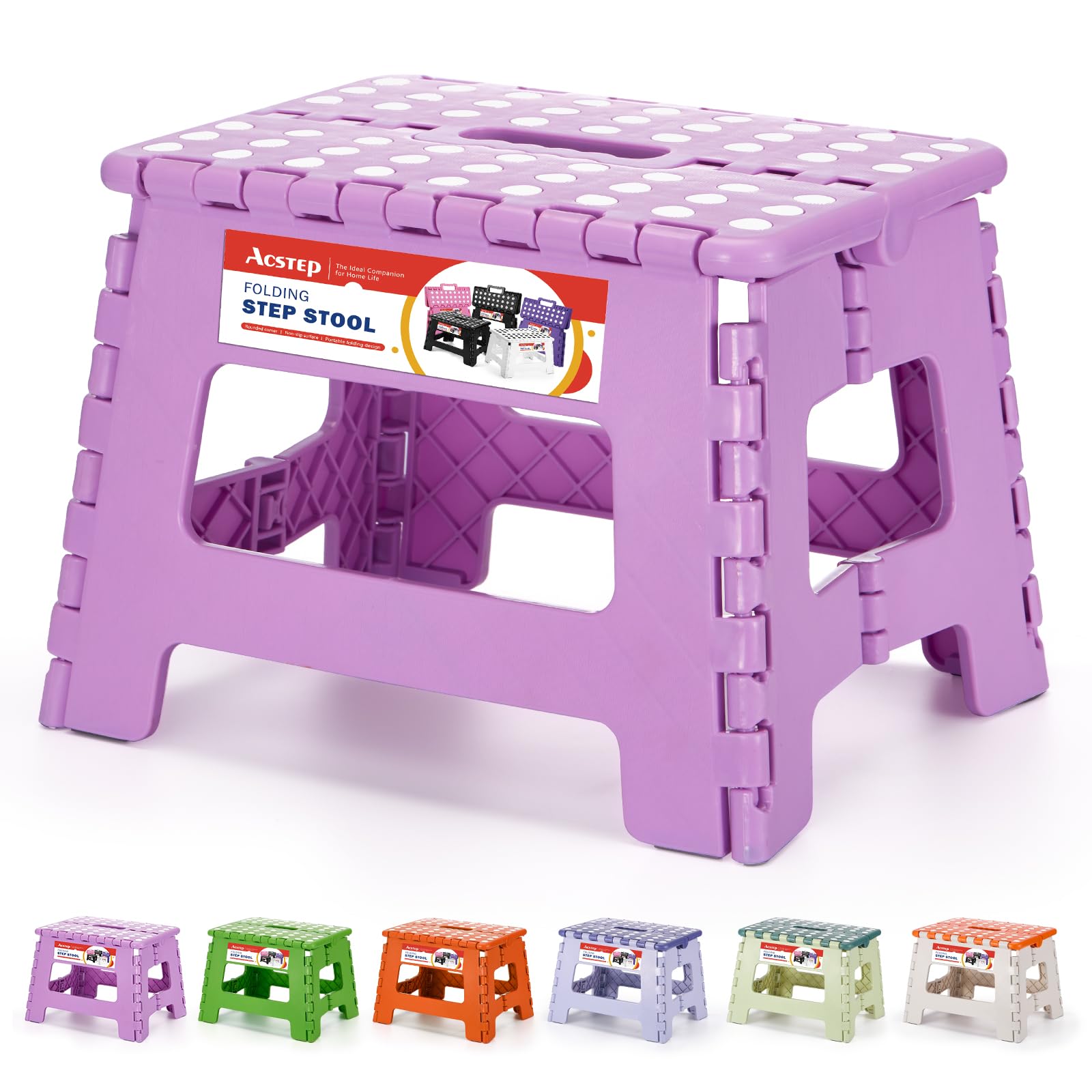 ACSTEP 9 Inch Folding Step Stool 300 LB Capacity Plastic Foldable Step Stools for Kids and Adults, Folding Stool Suitable for Kitchen, Stepping Stool with Handle Bicolor Green Small Step Stool 1PC