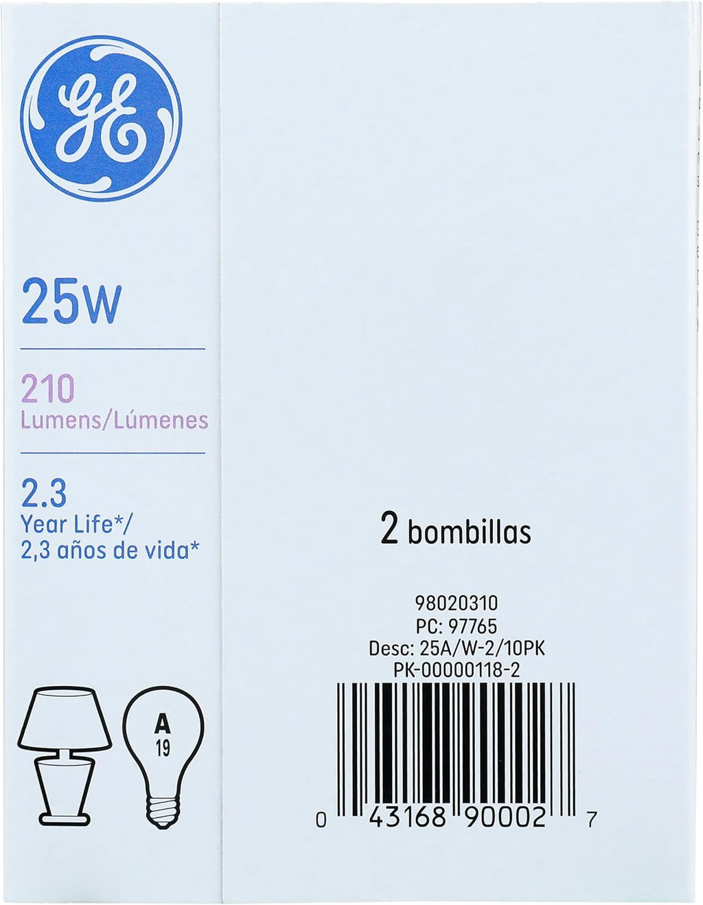 GE Lighting Ge Soft White Light Bulbs 25 W 210 Lumens A19 Med Base 4-1/4 In. Pack / 2