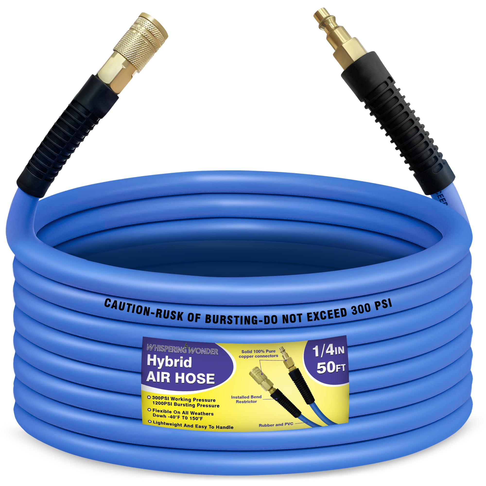 Air Compressor Hose 1/2 in, 300 PSI Heavy Duty Hybrid Air Hose with Quick Coupler and Plug Kit, Lightweight, Kink Resistant, All Weather Flexibility with Bend Restrictors, 6 Feet