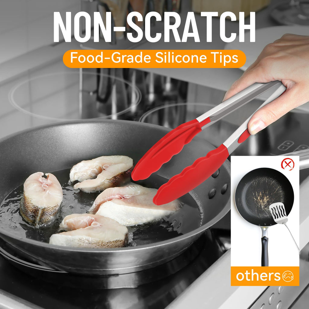 Hotec Mini Silicone Kitchen Tongs for Cooking - 7-Inch Small Serving Tongs with Silicone Tips, Set of 3 (Black)