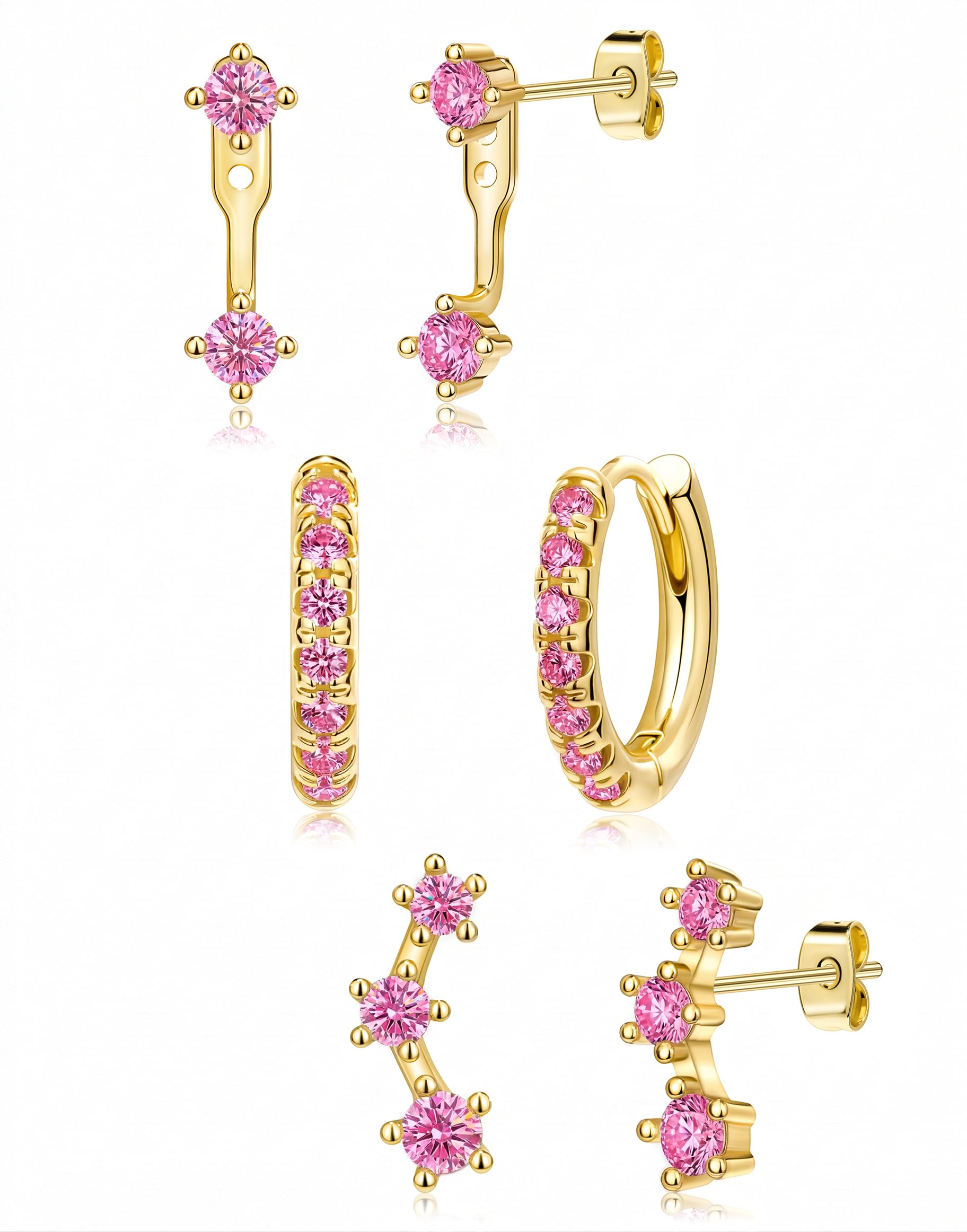 3 Pairs Dainty Small Earrings Set for Women Trendy, Birthstone Stud Huggie Hoop Jacket Stack for Cartilage Helix, Gold Plated Hypoallergenic Cute Women Fashion Accessories Western Jewelry Gifts