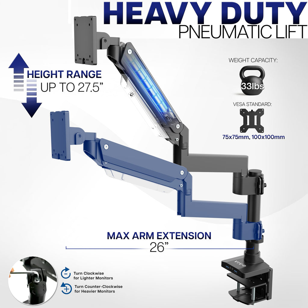 VIVO Premium Aluminum Tall Extended Monitor Arm for Ultrawide Monitors up to 49 inches and 33 lbs, Single Desk Mount Stand, Pneumatic Height Adjusting, Max VESA 100x100, Black, STAND-V101GT