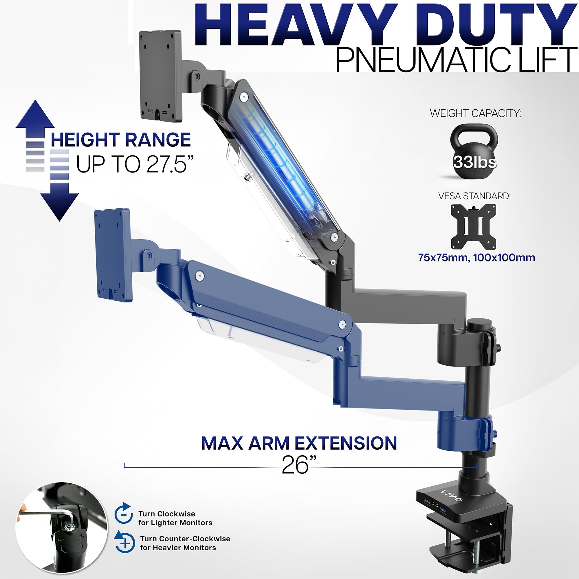 VIVO Premium Aluminum Tall Extended Monitor Arm for Ultrawide Monitors up to 49 inches and 33 lbs, Single Desk Mount Stand, Pneumatic Height Adjusting, Max VESA 100x100, Black, STAND-V101GT