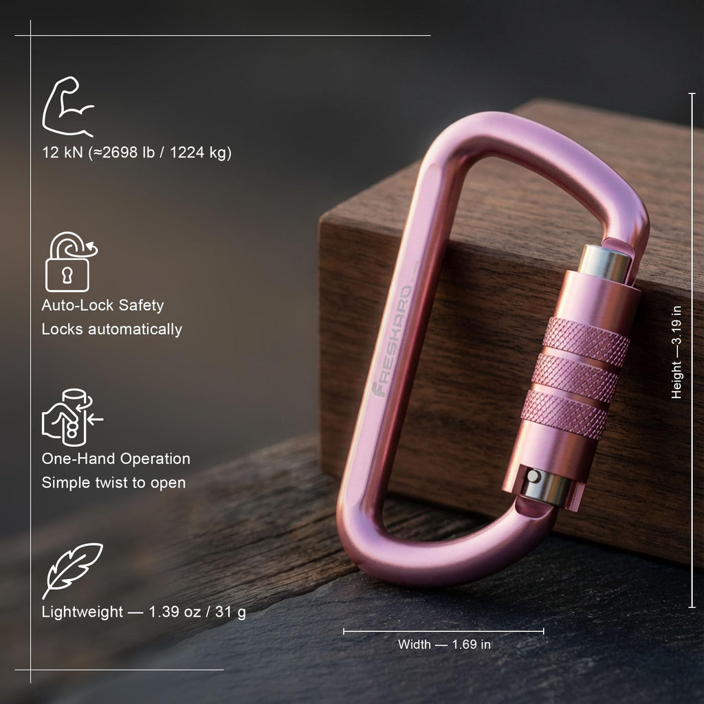 FresKaro 3inch 12kN-2698lbs Auto Locking Carabiner Clips, Solid D Shape, Heavy Duty 7075 Aluminum, Lightweight 1.09oz, Rust Proof, for Hammock, Hiking, Dog Leash, Keychain etc., Multi-Colors
