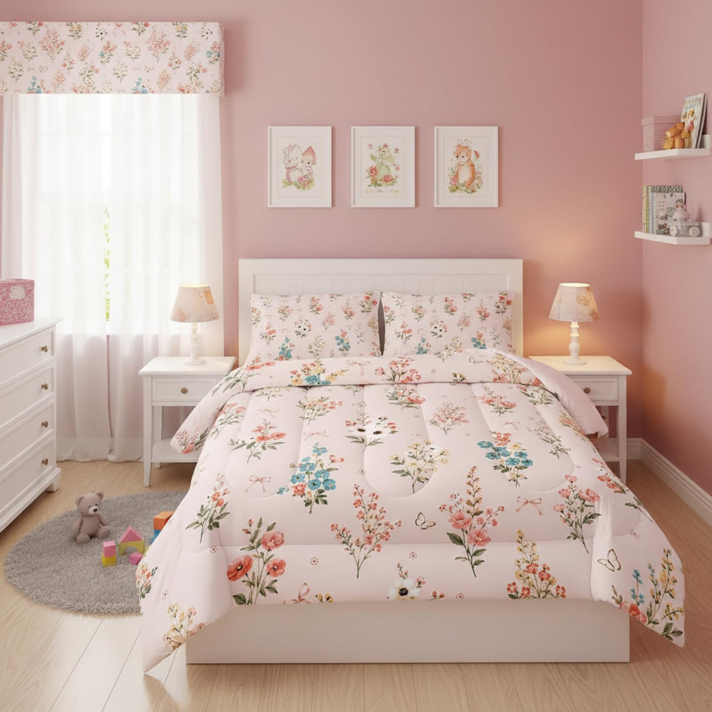 QOOMO Floral Cat Comforter Twin Size,Pink Cat Bedding Set for Kids Teens Girls,3Pcs Bedding Set Printed Comforter with 2 Pillowcases,Down Alternative,Soft and Lightweight(Pink，Twin Size)