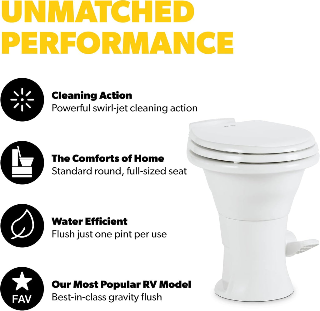 Dometic 310 Standard Toilet, White, Round Shape, Ceramic, Plastic, Wood, Lightweight with Pressure-Enhanced PowerFlush & Slow Close Seat Cover – Perfect for Modern RVs (302310081)