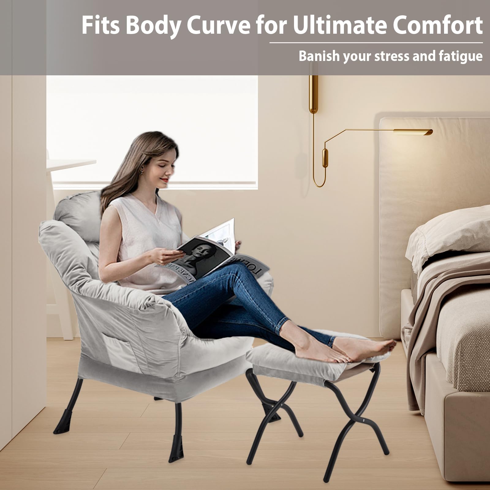 Youtanic Lazy Chair with Folding Ottoman, Accent Chair Velvet Upholstered with Metal Structure and Non-Slip Pads, Sofa Armchair with Footrest and Side Storage Bag for Dorm, Room, Office, Beige