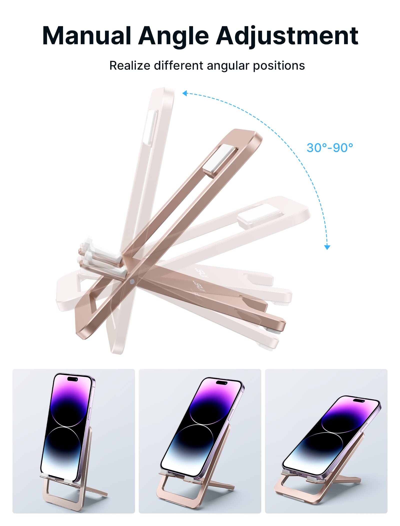 JSAUX Cell Phone Stand, Foldable Aluminum Adjustable Phone Holder for Desk Portable Travel Essentials Office Accessories for iPhone 17 16 15 14 13 Pro Max Samsung S25 S24 S23 Ultra Kindle-Black