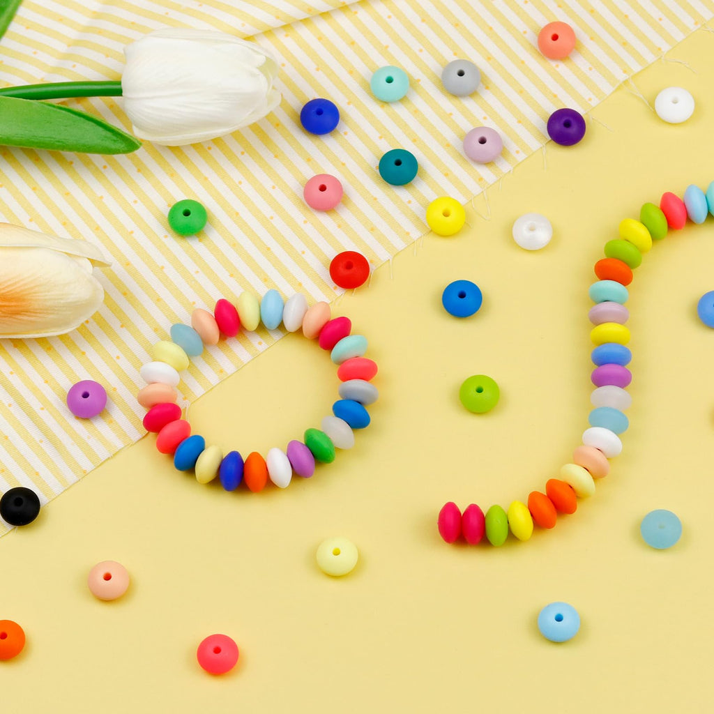 FIVEIZERO 180PCS Silicone Lentil Beads,12mm Spacer Beads | Flexible Silicone, 2mm Hole Design, Easy to Thread, Fade Resistant, Easy to Clean